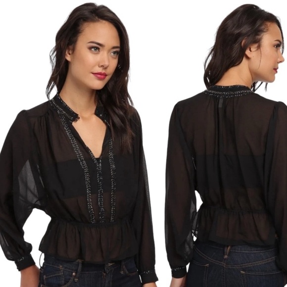 Free People If I Had You Black Sheer Beaded Blouse Size Small - Picture 12 of 13